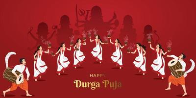 illustrazione di donne in felice durga puja e che suonano dhunuchi nach nei battiti di dhak che significa danza con il fuoco, subho bijoya vettore