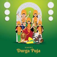 illustrazione della dea durga con la famiglia tra cui lord ganesha, lakshmi, saraswati e kartikeya in felice durga puja subh navratri con sfondo verde vettore