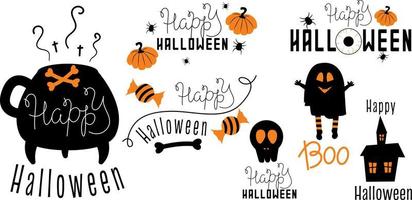 set nero e arancione per halloween. stampe per la stampa con testo, zucche e ragni. illustrazione vettoriale in uno stile semplice, sagome nere decoro vacanze di halloween