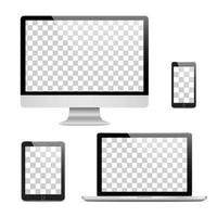 set di monitor per computer realistico, laptop, tablet e telefono cellulare con isolato su schermo trasparente. vari gadget elettronici moderni su sfondo isolato. illustrazione vettoriale eps10