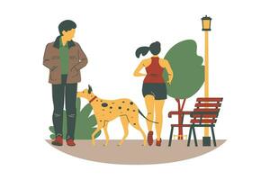 donna a piedi sua cane nel il parco. vettore illustrazione nel piatto stile per animali adozione e promuovere concetto design