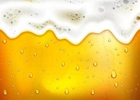 sfondo di birra realistico con schiuma bianca lussureggiante, bolle e gocce gocciolanti vettore