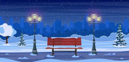 cartone animato inverno città parco con di legno panca, lanterne e cittadina edifici orizzonte. urbano vuoto pubblico giardino paesaggio, neve autunno sotto noioso cielo. vettore illustrazione nel piatto stile