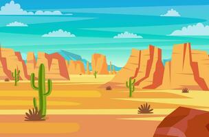 deserto paesaggio. cactus impianti e rocce su il sabbie. naturale sfondo. paesaggio Arizona o Messico caldo sabbia. vettore illustrazione nel piatto stile