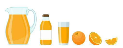 arancia succo impostato isolato su bianca sfondo.. cartone animato arancia succo nel vaso e bicchieri con maturo frutta. vettore illustrazione nel piatto stile