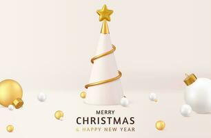3d Natale disegno, d'oro metallico cono albero, astratto Natale alberi. Natale e nuovo anno sfondo. saluto carta, striscione, manifesto. 3d resa. vettore illustrazione