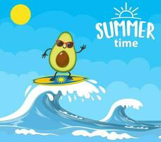 avocado personaggi fare surf su onda. vacanze su il mare. spiaggia attività. estate volta. vettore illustrazione nel piatto stile