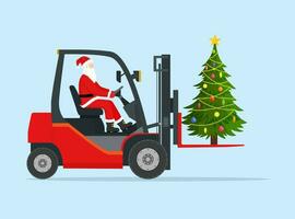 Santa Claus nel rosso carrello elevatore a forca caricato con Natale albero. Natale regali consegna e spedizione. allegro Natale vacanza. nuovo anno e natale. vettore illustrazione nel piatto stile