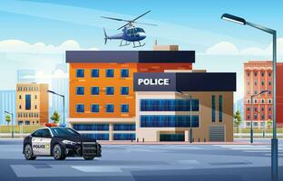 polizia stazione edificio con pattuglia auto e elicottero su paesaggio urbano sfondo. polizia Dipartimento ufficio e città paesaggio vettore illustrazione