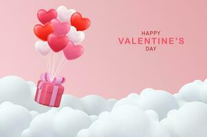 San Valentino S giorno concetto. 3d cuore caldo aria volante con regalo scatola su nube sfondo. amore concetto per contento madre S giorno, San Valentino S giorno, compleanno giorno. vettore illustrazione