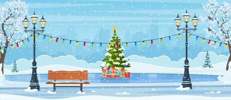 Natale ghiaccio pista con abete albero decorato con illuminazione. vuoto pubblico posto nel parco per pattinando. cartone animato congelato paesaggio. inverno giorno parco scena. vettore illustrazione nel piatto stile