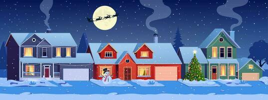 Residenziale case con Natale decorazione a notte. cartone animato inverno paesaggio strada con neve su tetti e ghirlande, Natale albero, pupazzo di neve. Santa Claus con Cervi nel cielo. vettore illustrazione