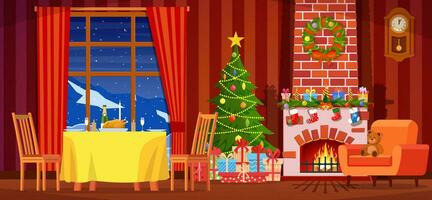 festivo interno di vivente camera, nuovo anno. Natale albero, festivo tavolo, regali sopra camino per nuovo anno, bellissimo arredamento, il camino, Natale ghirlanda, decorazioni. vettore illustrazione