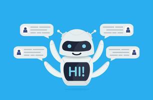 chatbot robot concetto. carino Bot dire utenti Ciao. chatbot saluta. in linea consultazione. Bot detiene discorso bolle. vettore illustrazione nel piatto stile