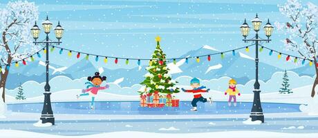 Natale ghiaccio pista con abete albero decorato con illuminazione. inverno scena con pattinando bambini. cartone animato congelato paesaggio con montagna. inverno giorno parco scena. vettore illustrazione nel piatto stile