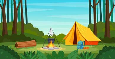 estate campo nel foresta con falò, tenda, zaino. cartone animato paesaggio , foresta e campeggio. attrezzatura per viaggio. vettore illustrazione nel piatto stile