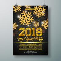 Illustrazione del modello del manifesto di celebrazione del partito del nuovo anno con 3d il numero 2018, la palla della discoteca ed il fuoco d&#39;artificio su fondo variopinto brillante. Vector Holiday Premium Invitation Flyer o Banner promozionale.