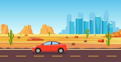 deserto paesaggio. cactus piante, strada, città e rocce su il sabbie. rosso auto guida su un' strada nel il deserto. paesaggio Arizona o Messico caldo sabbia. vettore illustrazione nel piatto stile