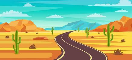 vuoto autostrada strada nel deserto. sabbioso deserto paesaggio con strada, rocce e cactus. estate occidentale americano paesaggio. autostrada nel Arizona o Messico caldo sabbia. vettore illustrazione nel piatto stile