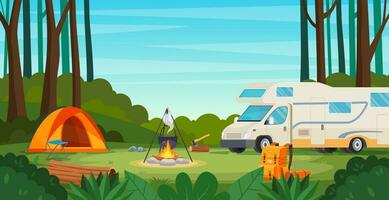 estate campo nel foresta con falò, tenda, furgone, zaino. cartone animato paesaggio , foresta e campeggio. attrezzatura per viaggio. vettore illustrazione nel piatto stile