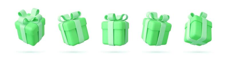 impostato di realistico Natale i regali scatole isolato su un' bianca sfondo. cinque regalo scatole con fiocchi e nastri. vacanza decorazione regali. festivo regalo sorpresa. 3d resa. vettore illustrazione