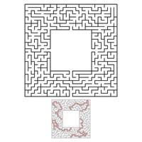 labirinto quadrato nero con ingresso e uscita. un gioco interessante e utile per i bambini. semplice illustrazione vettoriale piatto isolato su sfondo bianco. con un posto per i tuoi disegni. con la risposta.