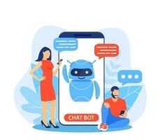 chatbot ai e cliente servizio concetto. persone parlando con Chiacchierare Bot nel un' grande smartphone schermo. ai robot assistente per utente corrispondenza. cliente sostegno. vettore illustrazione nel piatto stile