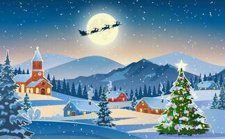 inverno neve paesaggio e case con Natale albero. concetto per saluto o postale carta. sfondo con Luna e il silhouette di Santa Claus volante su un' slitta. vettore illustrazione.