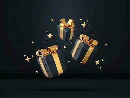 3d nero regalo scatole con d'oro nastro e arco. compleanno celebrazione concetto. allegro nuovo anno e allegro Natale nero regalo scatole con d'oro archi. 3d resa. vettore illustrazione