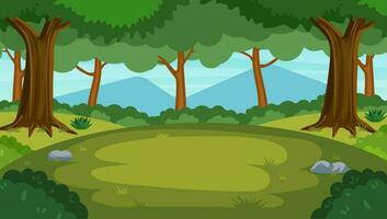 cartone animato foresta sfondo, natura paesaggio con deciduo alberi, verde erba, cespugli. scenario Visualizza, estate o primavera Di legno. vettore illustrazione nel piatto stile