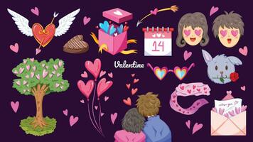 romantico san valentino giorno febbraio amore celebrazione giorno vettore illustrazione risorsa impostato collezione gruppo isolato su orizzontale buio rosato viola sfondo. semplice piatto cartone animato styled disegno.