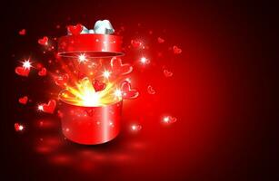 San Valentino sfondo, Aperto regalo scatola con sorpresa, cuore e Magia leggero fuochi d'artificio vettore