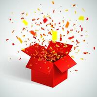 Aperto rosso regalo scatola e coriandoli. Natale sfondo. vettore illustrazione