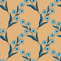 vettore modello con blu lame di erba e fiori, primavera erbe, ramoscelli con le foglie nel disegnato a mano stile su un' beige sfondo. botanico illustrazione per tessuti, regalo avvolgere, capi di abbigliamento