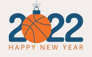 2022 felice anno nuovo basket illustrazione vettoriale. stile piatto sport biglietto di auguri 2022 con una palla da basket sullo sfondo colorato. illustrazione vettoriale. vettore