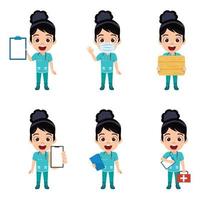 felice carino bella ragazza ragazzo infermiera dottore personaggio che indossa un abito da infermiera e tiene in mano un cartellino di legno per appunti kit medico vettore