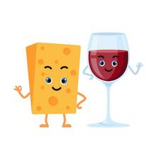 sorridente formaggio e bicchiere di rosso vino, carino divertente personaggi. cibo e bevanda concetto. vettore illustrazione.