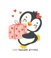 carino pinguino San Valentino consegna amore regalo scatola cartone animato disegno, kawaii animale personaggio illustrazione. vettore