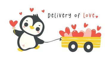 carino pinguino San Valentino consegna amore cuori cartone animato disegno, kawaii animale personaggio illustrazione. vettore