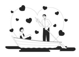 romantico Data notte su lago nero e bianca 2d illustrazione concetto. asiatico giovane coppia Tesoro cartone animato schema personaggi isolato su bianca. gondola pagaia metafora monocromatico vettore arte