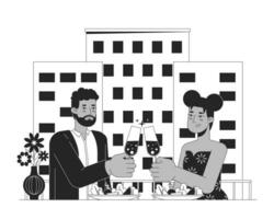 africano americano romantico coppia cenare nero e bianca cartone animato piatto illustrazione. Gli amanti bicchieri tintinnante 2d Linea artistica personaggi isolato. incontri San Valentino giorno monocromatico scena vettore schema Immagine