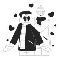 gay uomo copertura fidanzato occhi sorpresa nero e bianca cartone animato piatto illustrazione. freddo tempo metereologico omosessuale coppia 2d Linea artistica personaggi isolato. romantico inverno monocromatico scena vettore schema Immagine