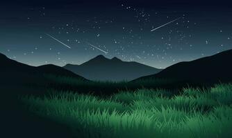 stellato notte al di sopra di collina con prato e stelle vettore