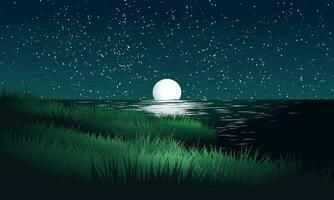 calma notte a spiaggia con pieno Luna crescente nel il oceano vettore
