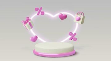 realistico vettore podio con neon cuore e volante rosa 3d oggetti. romantico vendita e sconto scena