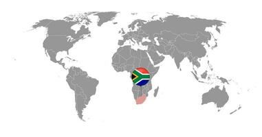 mappa pin con bandiera sudafrica sulla mappa del mondo. illustrazione vettoriale. vettore