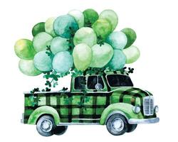 acquerello disegno per st. Patrick giorno. verde macchina, camion con palloncini e trifoglio. Vintage ▾ illustrazione, decorazione per cartolina vettore