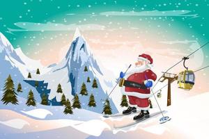 Babbo Natale che scia con il tram in gondola inverno sfondo natalizio vettore