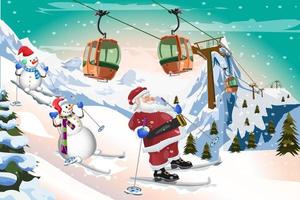 babbo natale e pupazzo di neve sciare con il tram in gondola inverno sfondo vettoriale design