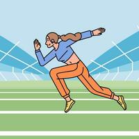 atletico donna personaggio allenarsi correre su stadio linea stile illustrazione vettore